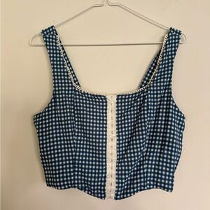 Navy Gingham Lace Trim Tank Top